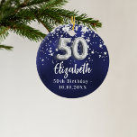 Adorno De Cerámica 50 años estrellas de plata azul marino<br><div class="desc">Un color de fondo azul marino con estrellas falsas de plata. El color azul es desigual. Añadir su nombre,  texto/fecha</div>