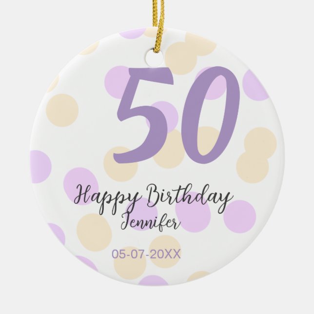 Adorno De Cerámica 50th birthday add name date purple orange polkadot (Frente)