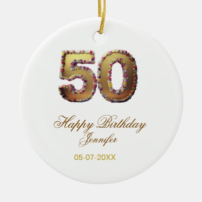 Adorno De Cerámica 50th birthday add name date year gold floral bold  (Frente)