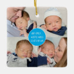 Adorno De Cerámica 5 Familia De Fotos Un Pequeño Mundo Creado Por Lov<br><div class="desc">Un gran placer y regalo con su collage de 4 fotos cuadradas en la parte delantera, y la inspiradora cita Nuestra familia Un pequeño mundo creado por el amor en el centro dentro de un círculo azul. En la parte trasera, una foto de un solo recorte cuadrado llena todo el...</div>