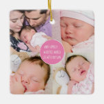 Adorno De Cerámica 5 Familia Fotográfica Pequeño Mundo Creado Por Nom<br><div class="desc">Bonito aguijón y regalo con su collage de 4 fotos cuadradas en la parte delantera, y la inspiradora cita Nuestra familia Un pequeño mundo creado por el amor en el centro dentro de un círculo rosado. En la parte de atrás, una foto de un solo recorte cuadrado con sus nombres...</div>