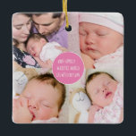 Adorno De Cerámica 5 Familia Fotográfica Pequeño Mundo Creado Por Nom<br><div class="desc">Bonito aguijón y regalo con su collage de 4 fotos cuadradas en la parte delantera, y la inspiradora cita Nuestra familia Un pequeño mundo creado por el amor en el centro dentro de un círculo rosado. En la parte de atrás, una foto de un solo recorte cuadrado con sus nombres...</div>