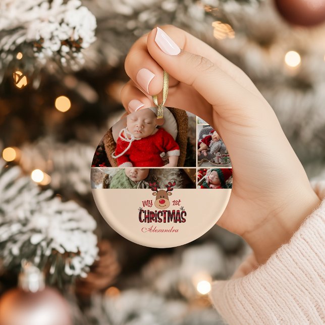Adorno De Cerámica 5 Photo Plaid Reindeer Baby First Christmas  (Subido por el creador)