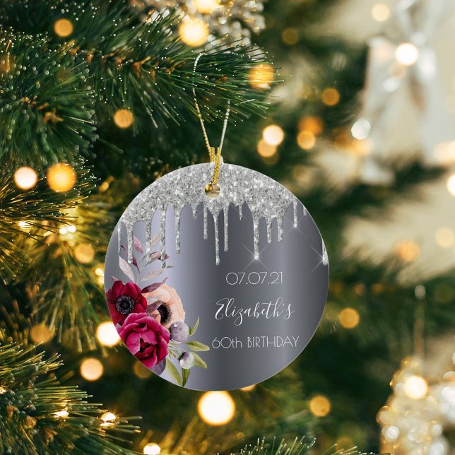 Adorno De Cerámica 60 cumpleaños purpurina de plata gotea burdeos flo (Subido por el creador)