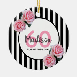 Adorno De Cerámica 60° cumpleaños rayas negras rosas nombre