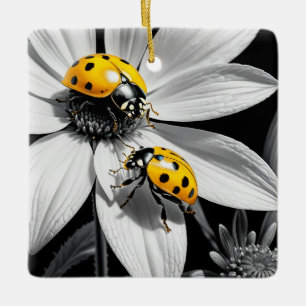 Adorno De Cerámica Abeja Amarillo De Ladybugs Sobre Flor Blanca Negra