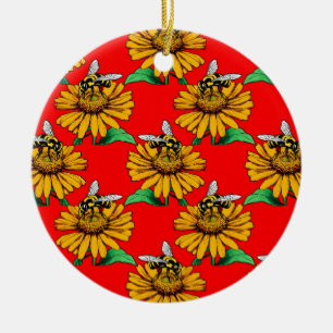 Adorno De Cerámica Abeja en diseño de patrón de flor de girasol rojo