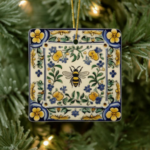 Adorno De Cerámica Abeja Melífera Azul Amarillo Mediterráneo Tradicio