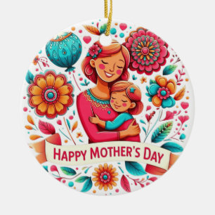 Adorno De Cerámica Abrazo de Madre e Hija Floral Día de la Madre