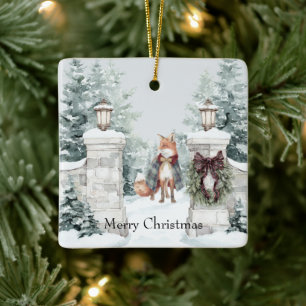 Adorno De Cerámica Abrigo Verde Zorro Navidad Nieve