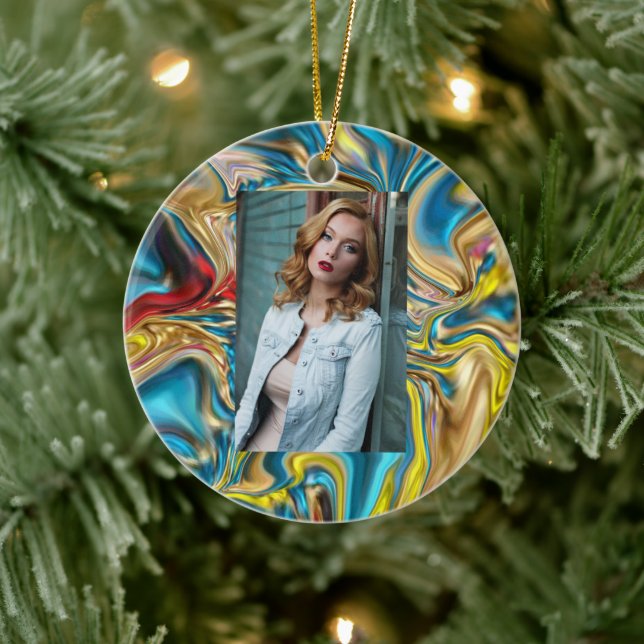 Adorno De Cerámica abstract marble swirls yellow teal turquoise blue (Árbol)