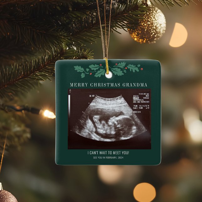Adorno De Cerámica Abuela Feliz Navidad Embarazo Bebé Ultrasonido (Christmas Sonogram Baby Scan Pregnancy Announcement Square Ornament)