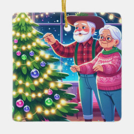 Adorno De Cerámica Abuela y abuelo decorando árbol de Navidad