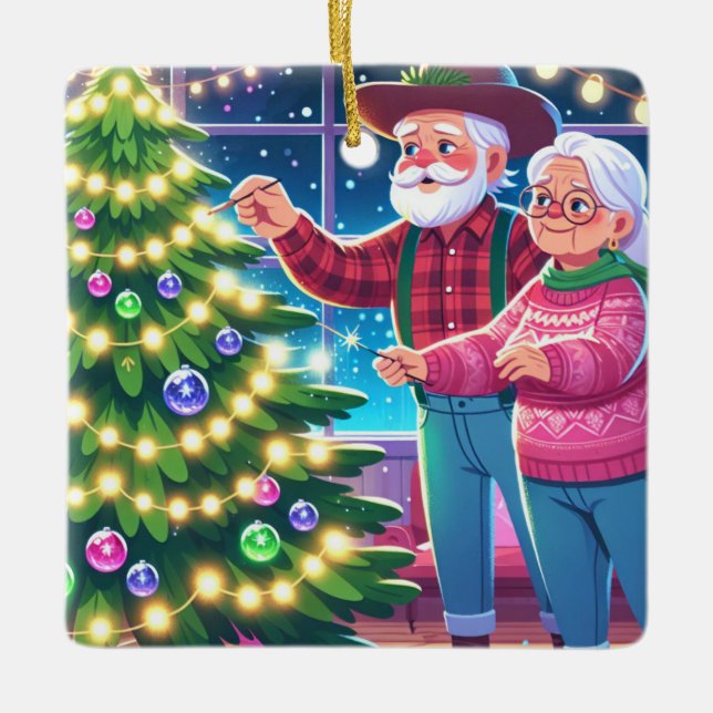 Adorno De Cerámica Abuela y abuelo decorando árbol de Navidad (Anverso)