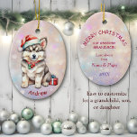 Adorno De Cerámica Abuelo de Santa Hat Husky Puppy<br><div class="desc">Aquí hay un hermoso adorno de keepsake para ese nieto, hijo, nieta o hija tan especial. La parte delantera tiene una imagen de un adorable cachorro Husky con un sombrero de Santa y un collar adorno. Un paquete de regalo envuelto de forma brillante está a su lado. La imagen se...</div>