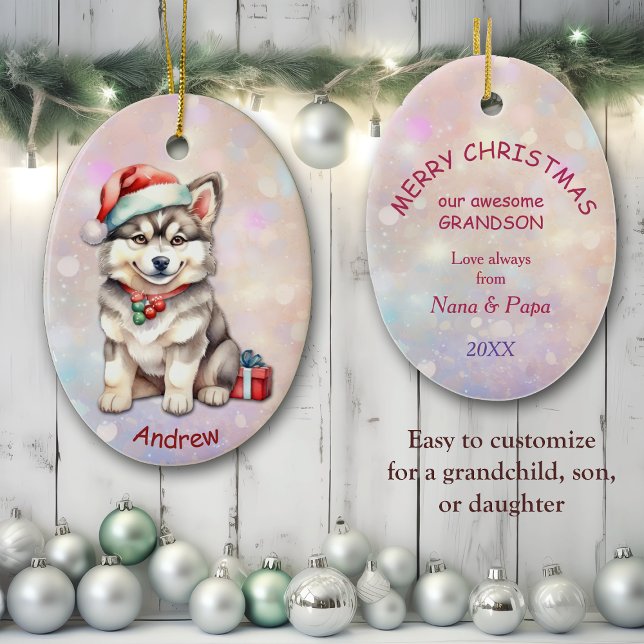 Adorno De Cerámica Abuelo de Santa Hat Husky Puppy (Subido por el creador)