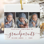 Adorno De Cerámica Abuelos 1.ᵉʳ Navidades 3 Foto Escritura de Borgoña<br><div class="desc">Ayúdenlos a conmemorar la primera Navidad de sus nietos con este hermoso adorno moderno de keepsake. El texto gris dice "Nuestra primera Navidad como abuelos", con la palabra "abuelos" en un elegante guión de escritura rojo borgoña con abundancia antes y después. Reemplace las tres imágenes de ejemplo con sus fotos...</div>