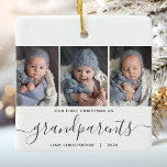 Adorno De Cerámica Abuelos 1.ᵉʳ Navidades 3 Foto Guión gris<br><div class="desc">Ayúdenlos a conmemorar la primera Navidad de sus nietos con este hermoso adorno moderno de keepsake. El texto gris dice "Nuestra primera Navidad como abuelos", con la palabra "abuelos" en un elegante guión de escritura a mano con flores antes y después. Reemplace las tres imágenes de ejemplo con sus fotos...</div>