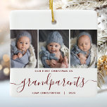 Adorno De Cerámica Abuelos 1er Navidades 3 Foto Guión Rojo<br><div class="desc">Ayúdenlos a conmemorar la primera Navidad de sus nietos con este hermoso adorno moderno de keepsake. El texto rojo borgoña dice "Nuestra primera Navidad como abuelos", con la palabra "abuelos" en un elegante guión de escritura a mano con flores antes y después. Reemplace las tres imágenes de ejemplo con sus...</div>