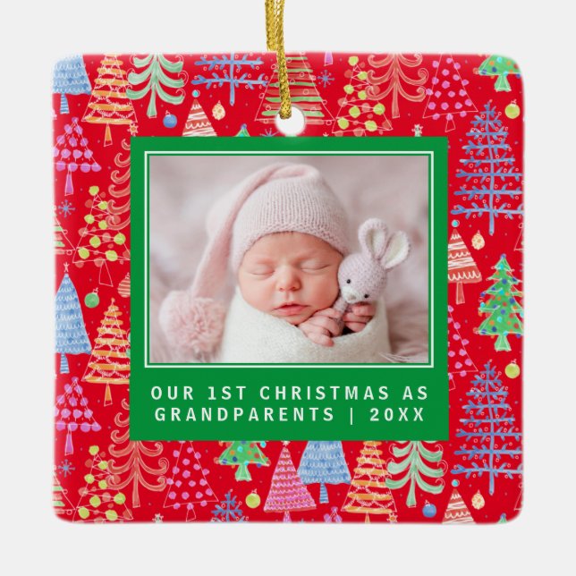 Adorno De Cerámica Abuelos Cute 1ª Navidad Árboles Foto Rojo (Anverso)