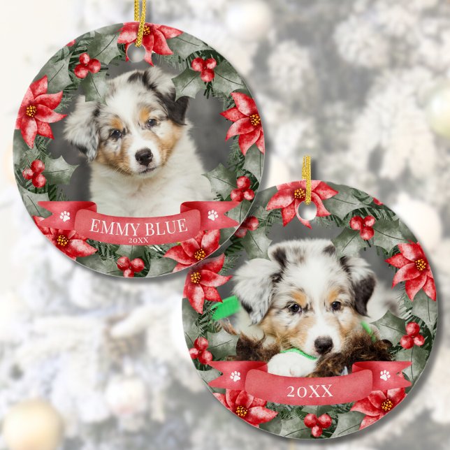 Adorno De Cerámica Acaricia a mi primer perro de Navidad (Classic Floral Frame Pet First Christmas Dog Ceramic Ornament)