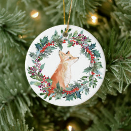 Adorno De Cerámica Acrarela de Navidad del zorro del bosque