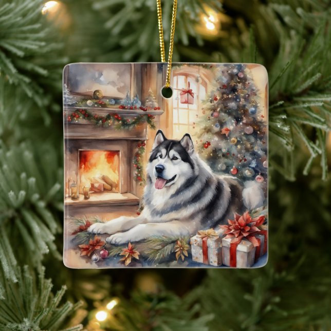 Adorno De Cerámica Acuarela Alaskan Malamute - Escena navideña (Árbol)