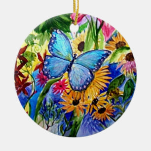 Adorno De Cerámica Acuarela azul del jardín de la mariposa