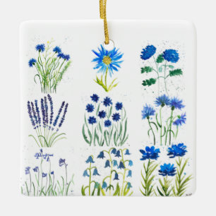 Adorno De Cerámica Acuarela Azul Flores Moda Rústica Colección