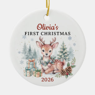 Adorno De Cerámica Acuarela Bosque Ciervo Bebé 1er Navidad