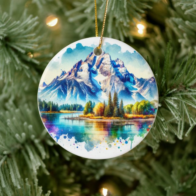Adorno De Cerámica Acuarela brillante Gran Teton Parque Nacional Wyom (Árbol)