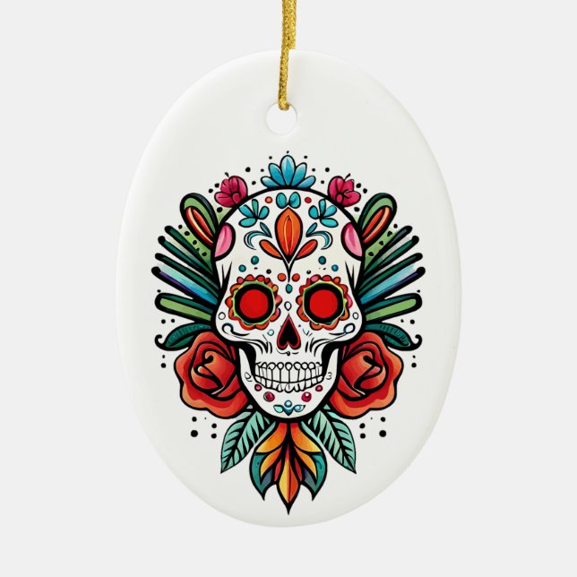 Adorno De Cerámica Acuarela Cinco De Mayo Cráneo De Azúcar Colorido (Frente)