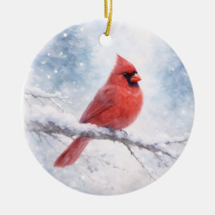 Adorno De Cerámica Acuarela de Cardenal Rojo de Invierno