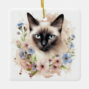 Adorno De Cerámica Acuarela De Gato Y Flores Siameses