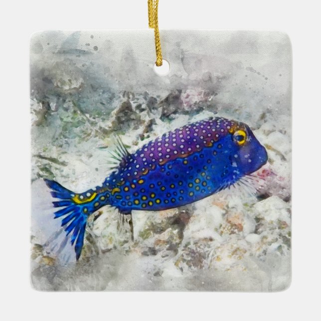 Adorno De Cerámica Acuarela de peces tropicales hawaianos - Boxfish (Anverso)