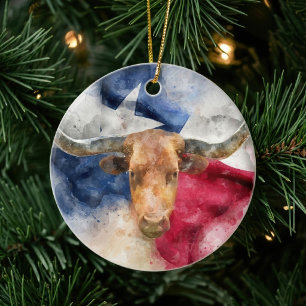 Adorno De Cerámica Acuarela de Texas Longhorn con mapa artístico de b