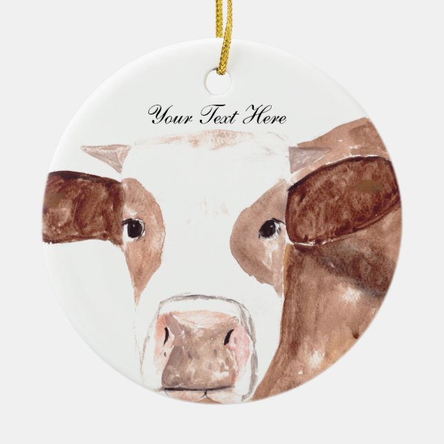 Adorno De Cerámica Acuarela de vaca marrón Granja animal Personalizad (Frente)