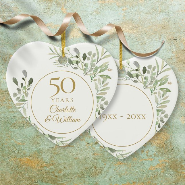 Adorno De Cerámica Acuarela deja 50 aniversario Boda (Watercolor Leaves 50th Wedding Anniversary Ceramic Ornament)