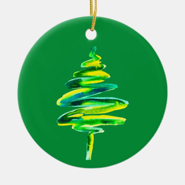 Adorno De Cerámica acuarela del árbol de Navidad verde (Frente)