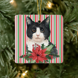 Adorno De Cerámica Acuarela Gato negro y blanco y Poinsettia