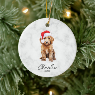 Adorno De Cerámica Acuarela Goldendoodle Rojo Granja Navidad