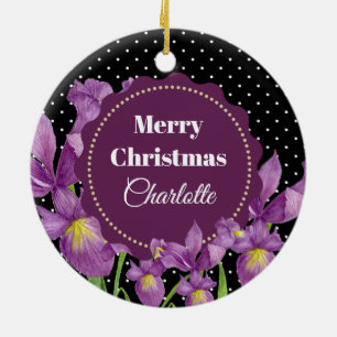 Adorno De Cerámica Acuarela Iris Púrpura Botánico Lunares