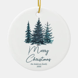 Adorno De Cerámica Acuarela Navy Blue Pine Trees Feliz Navidad