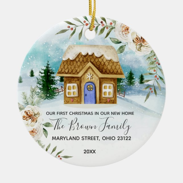 Adorno De Cerámica Acuarela Nuestra Primera Navidad en nuestro nuevo  (Frente)