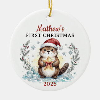 Adorno De Cerámica Acuarela Nutria Bebé Primera Navidad Personalizada