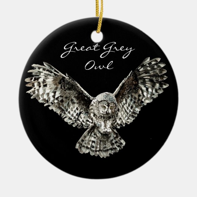 Adorno De Cerámica Acuarela personalizado Gran Ave de Lechuza Gris, A (Frente)