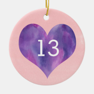 Adorno De Cerámica Acuarela Pink Purple Heart 13th Birthday Ceramic