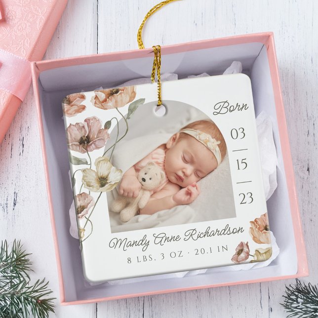 Adorno De Cerámica Acuarela Poppy Islandés, bebé, estadísticas de nat (Watercolor Icelandic Poppy Baby Birth Stats Photo Ceramic Ornament)