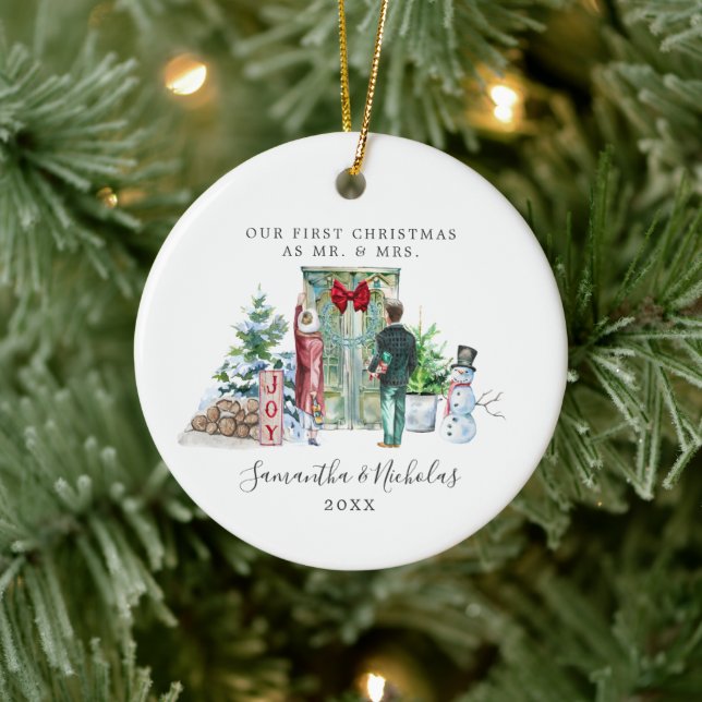 Adorno De Cerámica Acuarela | Primera Navidad como Sr. y la Sra. (Árbol)