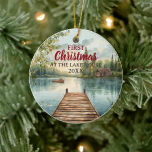 Adorno De Cerámica Acuarela Primera Navidad En La Casa Del Lago